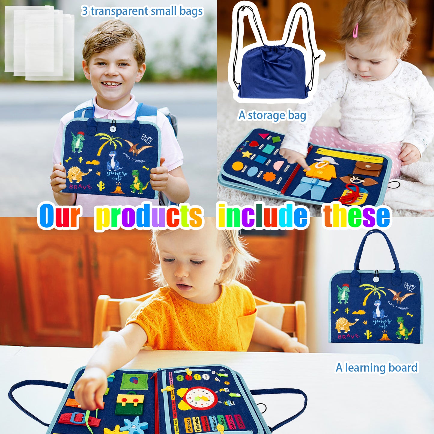 Busy Board for Toddlers,Montessori Toys Busy Book for 1 2 3 4 Year Old Girls & Boys Gifts.Educational Toys Learning Activities Baby Toddler Kids Sensory Travel Essential.Portable Bag+3 Pack Clear Bag