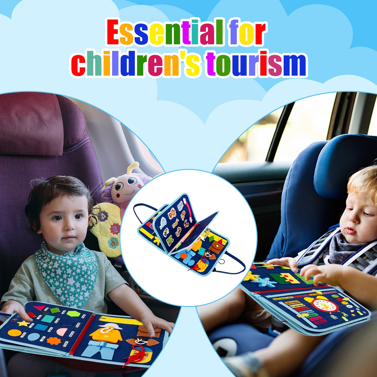 Busy Board for Toddlers,Montessori Toys Busy Book for 1 2 3 4 Year Old Girls & Boys Gifts.Educational Toys Learning Activities Baby Toddler Kids Sensory Travel Essential.Portable Bag+3 Pack Clear Bag